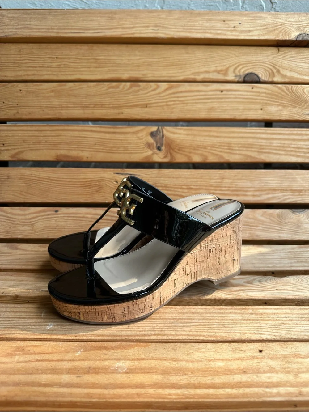 Sam Edelman Black Patent Cork Wedge Sandals with Gold Logo